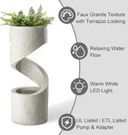 Glitzhome Outdoor Water Fountain with LED Light, Decorative Tiered Curved Waterfall Fountain with Stone Planter, Faux Terrazzo Spiral Shaped Outdoor Fountains for Garden Deck Patio Porch, 31.25”H