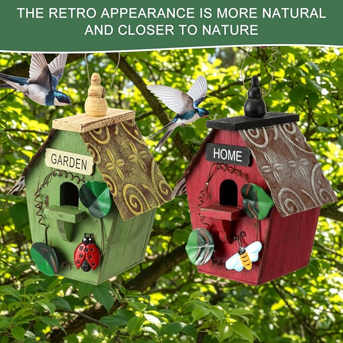 DoubleFill 2 Pcs Birdhouses for Outdoor Hanging Yard Outside Wooden Birdhouse Hand Painted Bird Box for Bird Lovers Bluebird Tree Garden Decor Decorative Birdhouse(Red,Green,Iron Roof)