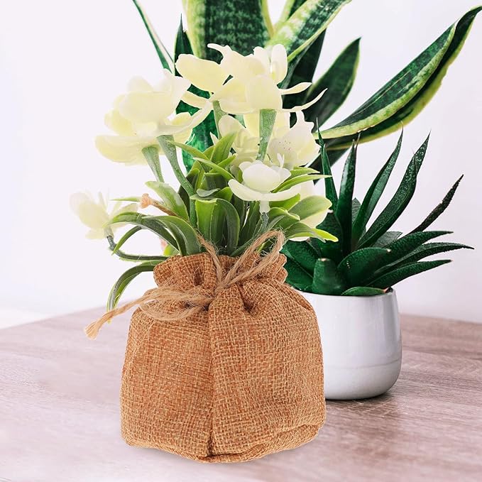 SHINEOFI Artificial Phalaenopsis Orchid Bonsai Fake Flowers Potted Faux Orchid with White Spray and Jute Bag Home Decoration Desktop Accent for Living Room and Office
