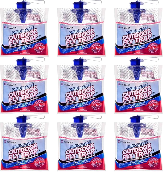 Fly Traps Outdoor Fly Trap for Patio. 9 Non-Toxic Pre-Baited Flies Bags Outdoor Disposable. Hanging Bug Catchers for All Filth Flies Killer for Outside Bug Control in Yard Horse Ranch Trash Can.