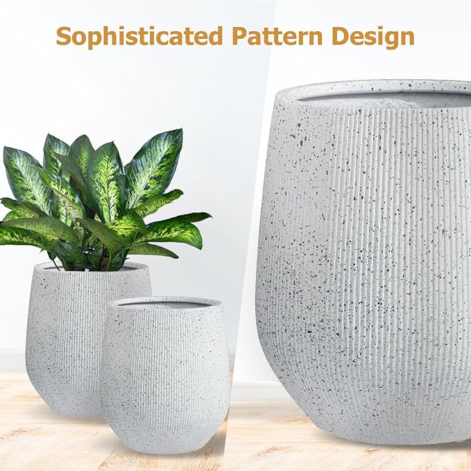 12.5" H x 11.5" D Premium Ribbed Corso Fiberstone Round Tapered Planter with Drainage Hole, Weather Resistant, Included 2 Extra Coco Mats (Ribbed Speckled White, 9" Pot Opening)