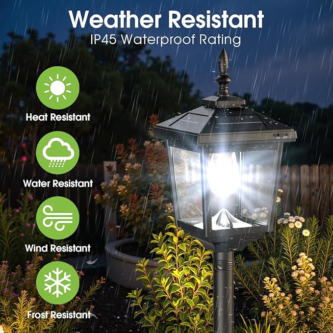 Greluna Solar Lamp Post Light Outdoor, Cool White, IP45 Waterproof Solar Post Lights Outdoor, Pole Lights Decorative Lamp for Yard Garden Patio Lawn Pathway Driveway Front/Back Door 2 Pack