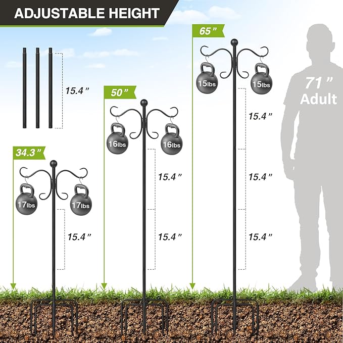 AOMGD 76 Inch Adjustable Double Shepherds Hooks for Outdoor Heavy Duty, Two Sided Garden Bird Feeder Pole for Hanging Plant Baskets, Solar Lights, Weddings Decor