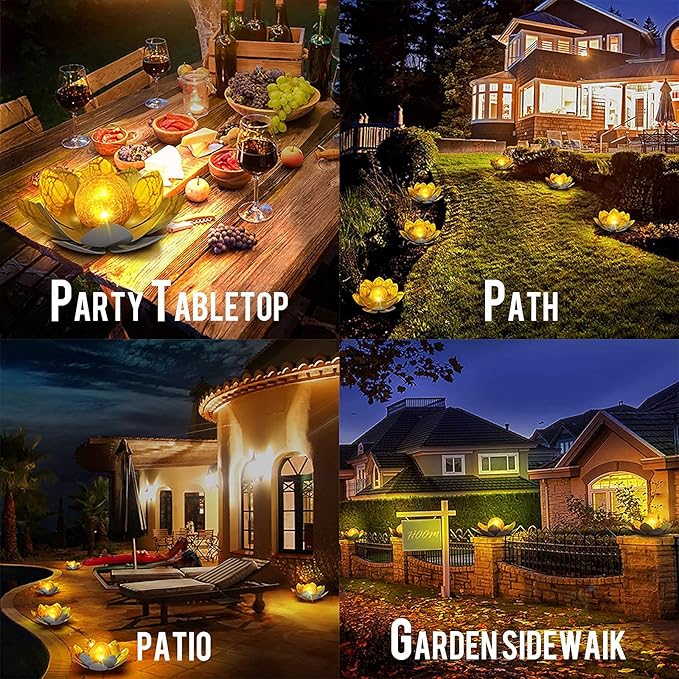 Huaxu Garden Solar Light Outdoor, Amber Crackle Globe Glass Lotus Decoration, Waterproof Gray Metal LED Flower Lights for Patio,Lawn,Walkway,Tabletop,Ground…