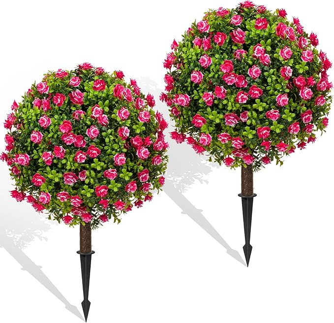 Artificial Plants Outdoor - 18" Wide Set of 2 Faux Boxwood Plants for Outdoor Planters, UV Resistant Artificial Topairy Ball Trees with Spike for Front Porch Decor