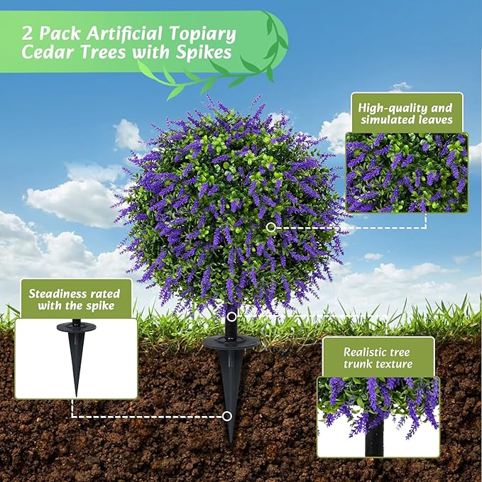 Bdor 25" Artificial Lavender Topiary Ball Trees with Ground Stake, Faux Potted Plants Purple Lavender Set of 2, Outdoor Fake Flower Bushes, UV Resistant for Home Lawn and Front Porch Garden Decor