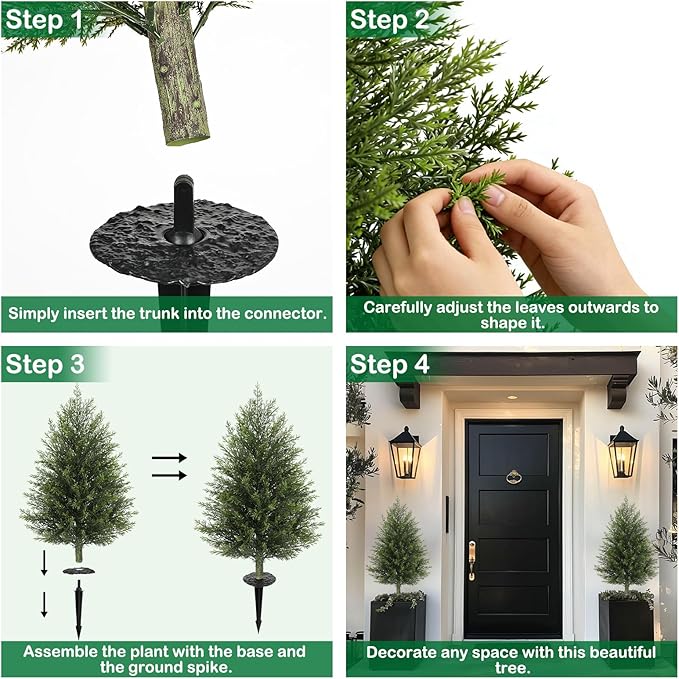 Hollyone Artificial Cedar Topiary Trees with Ground Spike, 2 Pack 32" Fake Pine Shrubs Bushes Trees Faux Cypress Plants for Indoor Outdoor Planters Front Porch Garden Decor UV Resistant