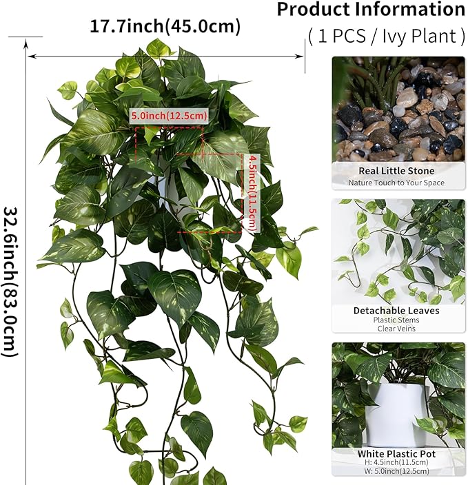 LOYWREE 32 Inch Fake Plants Artificial Plants Indoor Artificial Scindapsus Aureus Realistic Hanging Plants Potted Aesthetic Fake Pothos for Home Office Shelves Bedroom Bathroom Decor（White Pot）