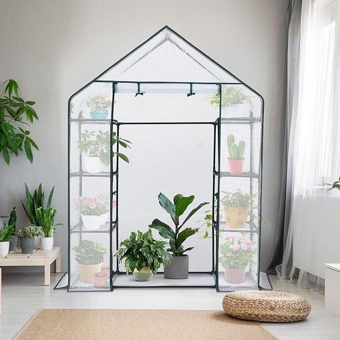 Ohuhu Small Greenhouse for Outdoors: 4 Tiers 6 Shelves Walk-in Indoor Green House Heavy Duty Plant Stands Reinforced Plastic PE Cover Mini Portable Warm House for Outside, 4.8x2.5x6.4 FT White