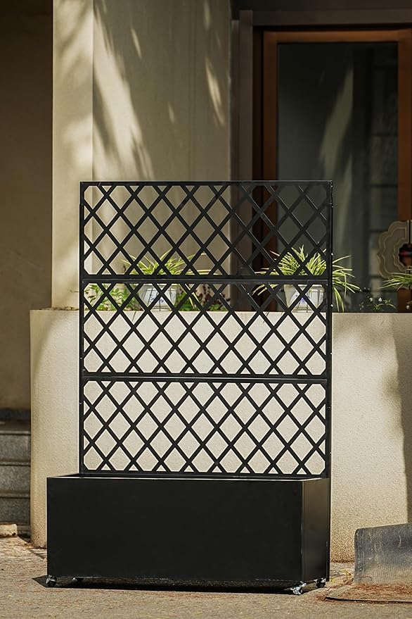 IDEAHOUSE Steel Raised Garden Bed w/Trellis & Privacy Screen - 71x35x16 in Planter Box w/Lockable Casters, Drainage Holes for Vines, Vegetables on Patio, Deck, Yard, Black