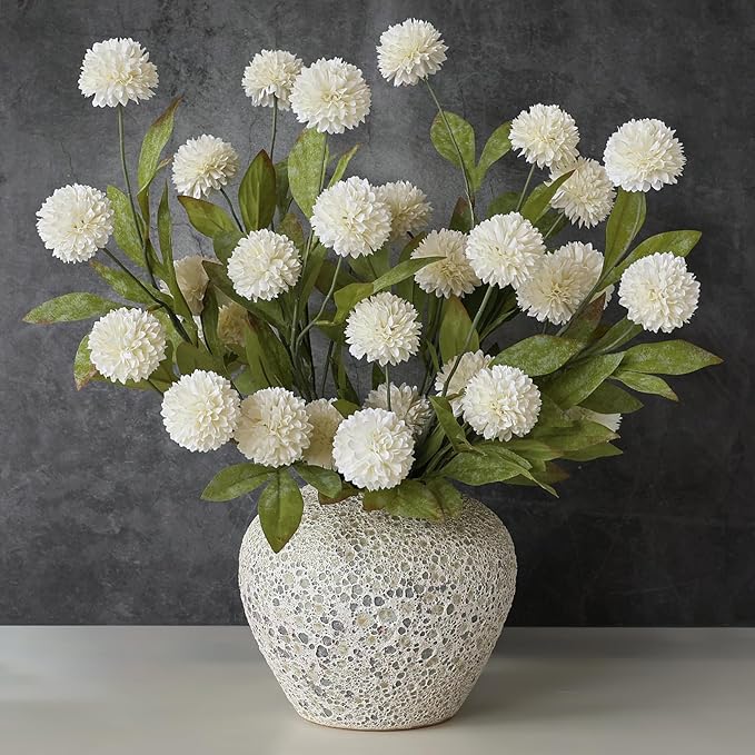 VIERENA 12 Pcs Faux Silk Pompon Mum Artificial Flowers for Vase -27", Bulk Fake Chrysanth Branches with Stems for DIY Bouquet Centerpieces Wedding Fillers Arrangements Shower Decorations (Cream)