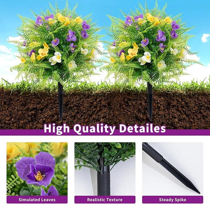 2 Pack Artificial Boxwood Topiary Ball Trees with Colorful Flowers for Outdoor - 23" UV Resistant Artificial Outdoor Shrubs Fake Bushes with Ground Spike for Front Porch Patio Garden Yard - Pansy&Fern
