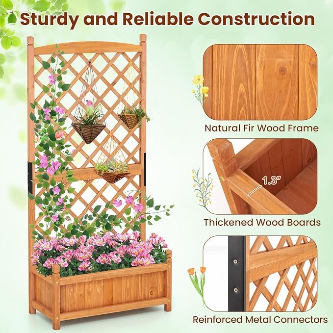 Giantex Raised Garden Bed with Trellis Set of 2, 60" Wooden Planter Container w/Drainage Holes, High Trellis for Plant Flower Climbing Pot Hanging, Indoor Outdoor Planter Box for Yard Garden Balcony