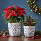 Vintage Ceramic Planter with Drainage Hole, Plastic Tray & Mesh, 6.5 Inch - Indoor/Outdoor Flower Pot, Blue Floral Rustic Farmhouse Design Plant pot for Home, Office & Garden Décor, Ideal Gift
