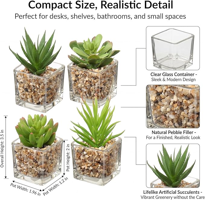 Briful Set of 4 Succulents Plants Artificial in Clear Glass Pots Small Fake Succulents Plants Mini Faux Plants Indoor for Window Sill Office Table Desk Shelf Bathroom Decor