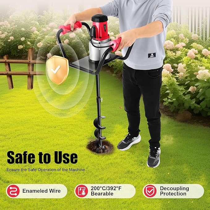 1500W Electric Post Hole Digger with 4-inch Auger Bit & 11.81inch Extension Rod, 1.6HP Pure Copper Motor Earth Auger Fence Post Digger for Post Holes Earth Digger Planting, 190-200 RPM