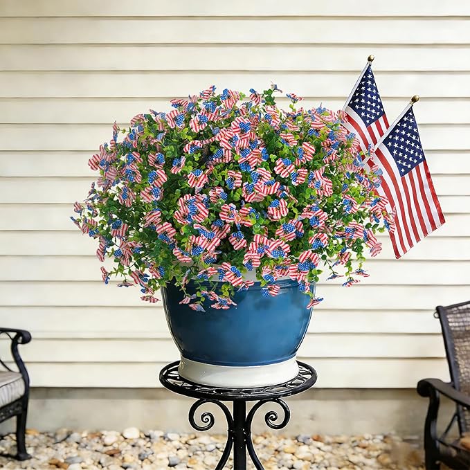 ADXORA 12 Bundles Artificial Flowers,Faux Plants for Spring Summer Decoration, UV Resistant Colorful Violets Eucalyptus for Outside Home Planter Porch Patio Yard Décor (Red,Blue,White)