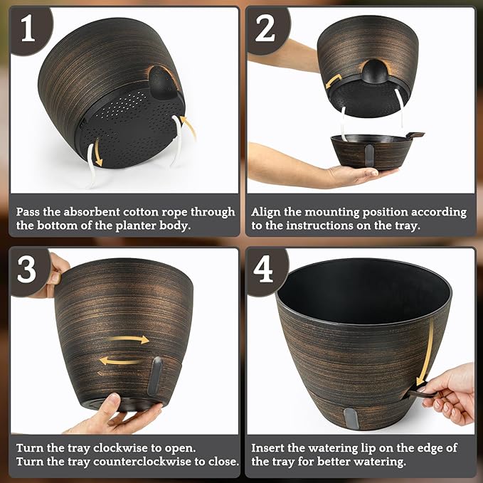 ZMTECH 10 Inch Self Watering Pots for Indoor Outdoor, Bronze Large Plastic Planter with Water Level Indicator, Drainage Hole & Removable Saucer for Garden Flowers, Decorative Plant Container
