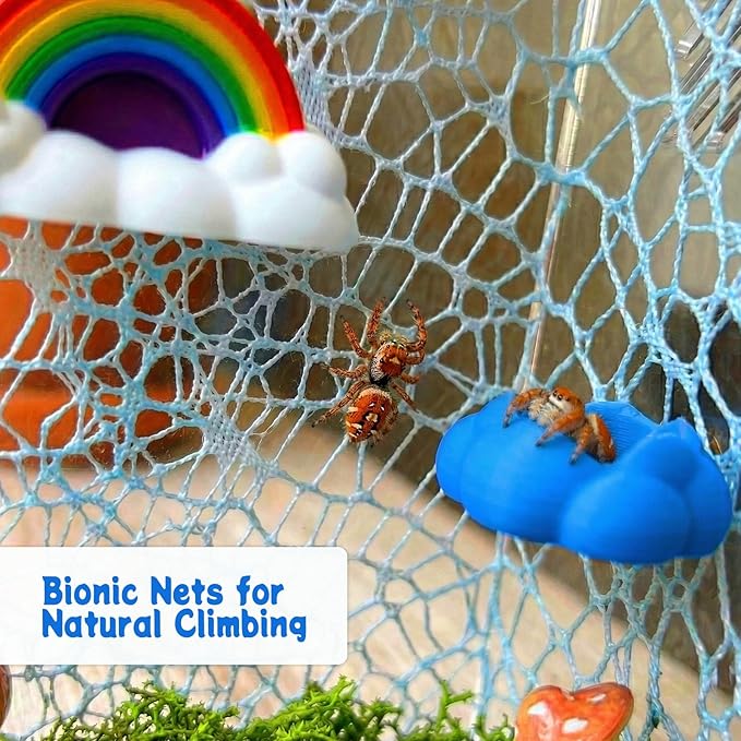 21 Pcs Jumping Spider Enclosure Accessories Kit - Magnetic Rainbow Cloud Hideout & Feeding Bowl, Mushroom Platform Ledges, Climbing Nets, Moss - Aesthetic Habitat Decor for Resting and Exploration