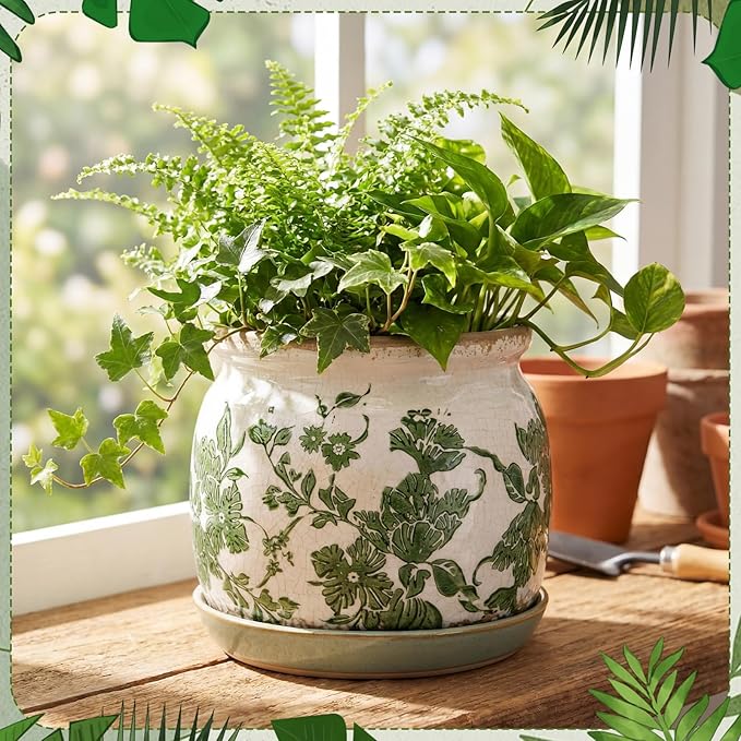 2 Set Vintage Ceramic Planters, 6 Inch Beige Green Crackle Glaze Flower Pots with Drainage Saucers, Vintage Style Green Floral Plant Pot for Indoor Plants, Home Decor Gift