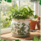 2 Set Vintage Ceramic Planters, 6 Inch Beige Green Crackle Glaze Flower Pots with Drainage Saucers, Vintage Style Green Floral Plant Pot for Indoor Plants, Home Decor Gift