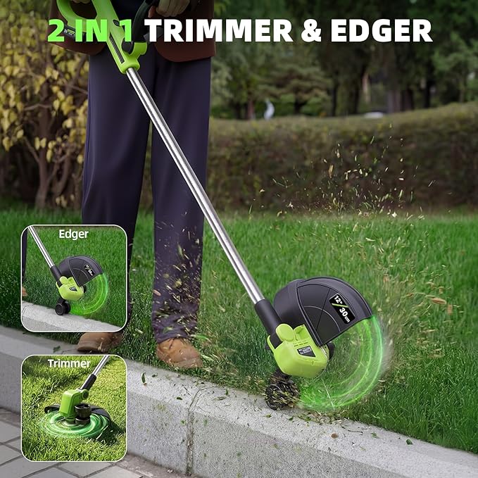21V Weed Wacker Cordless & Lawn Edger, 9000RPM Electric Weed Eater with 2x2.0Ah Battery, 12" Auto Line Feed String Trimmer with 8 Pcs Spools, Lightweight Edger Lawn Tool for Yard, Green