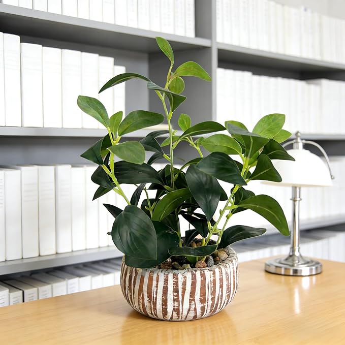 Artificial Potted Plants Life-Like Fake Plant with Farmhouse-Style Cement Planter Feturing Light Wood Tone for Room Bathroom Bedroom Kitchen Office Dese Coffee Table Décor (12.8inch)