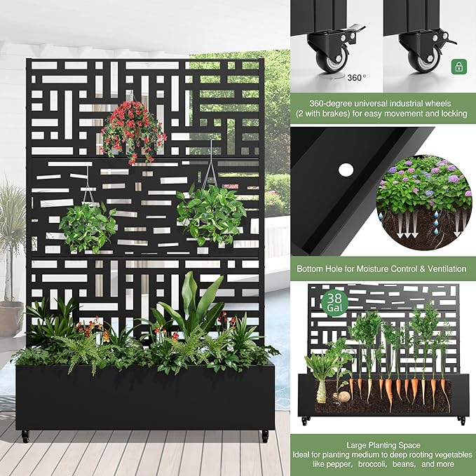 Casaphoria Metal Raised Garden Bed with Trellis and Wheels, 72"x47"x16" Planter Box for Climbing Plants, Vegetables & Vines, Features Drainage Holes and Privacy Screen, Black(Helen&Gerald)