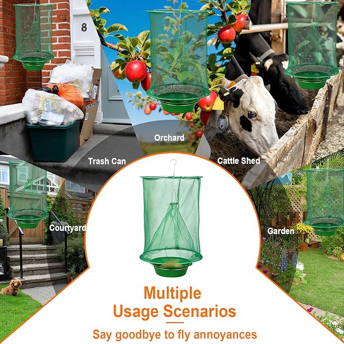 8 Pack Fly Traps Outdoor Hanging, Ranch Fly Traps with Food Bait Tray, Fly Catcher Cage for Indoor or Outdoor Family Farms, Park