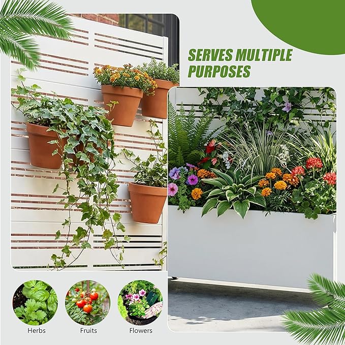 Casaphoria Metal Raised Garden Bed with Trellis and Wheels, 72"x35"x16" Planter Box for Climbing Plants, Vegetables & Vines, Features Drainage Holes and Privacy Screen, White-Harold