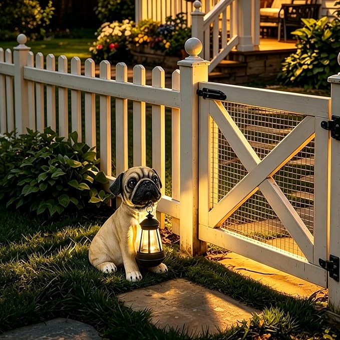 Garden Dog Statues Outdoor Decor, Solar Lights Outdoor Pug Figurines Solar Dog Ornaments for Patio, Lawn, Yard Art Decoration, Housewarming Garden Gifts for Mom