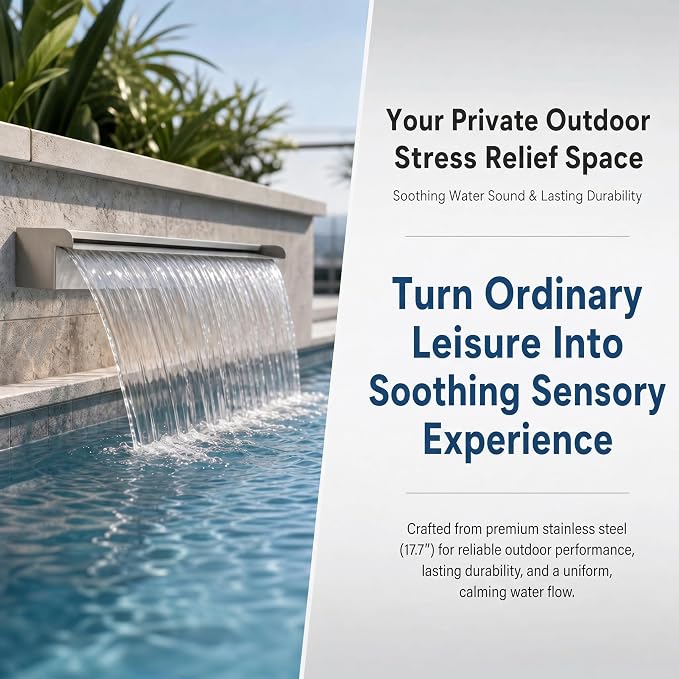 Stainless Steel Pool Fountain Waterfall Sheer Descent, 17.7" Inches Spillway for Swimming Pool, Outdoor Garden Pond, Patio & Backyard Water Feature Decoration(17.7")
