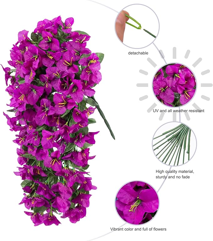 HyeFlora Bougainvillea Artificial Hanging Flowers Plants for Outdoors Decoration, 2pcs Purple Fake Flowers Silk Bougainvillea Vines Realistic UV Resistant Faux Flowers for Outdoor Planters Patio Urn