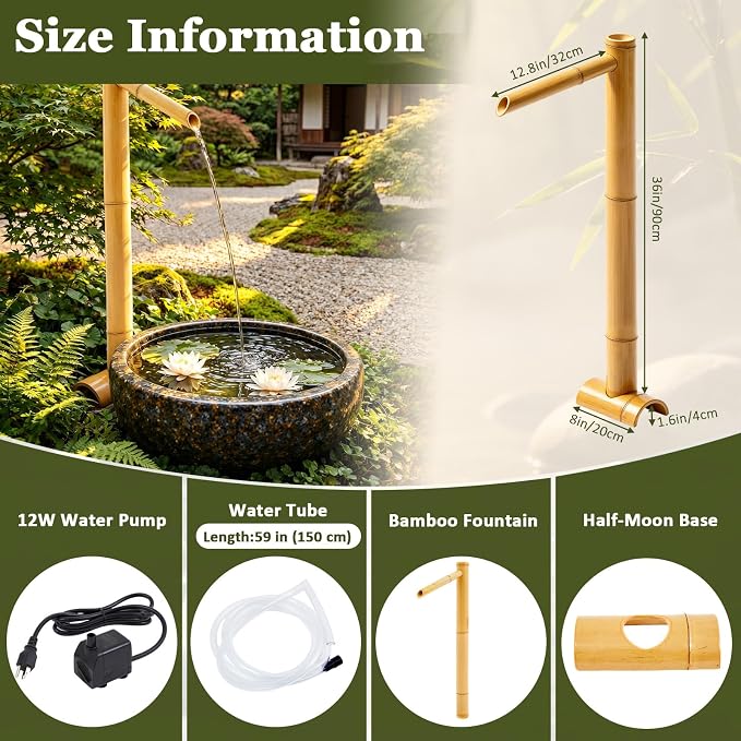 36'' Natural Bamboo Fountain Kit with Adjustable Split-Resistant Spout Quiet Pump and Tubing Japanese Water Feature for Zen Outdoor Patios Landscaping Garden Decor (Traditional)
