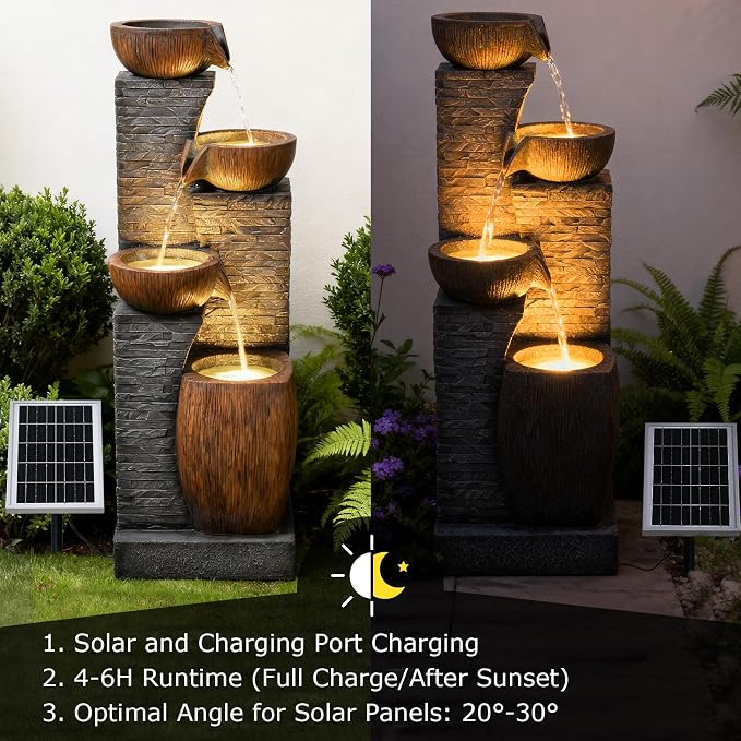 38.2" Tall Solar Water Fountain Outdoor Garden,4 Tiers Modern Cascading Bowls and Stacked Stones Solar Powered Fountains with LED Lights for Garden, Patio, Deck, Porch, Backyard, Lawns