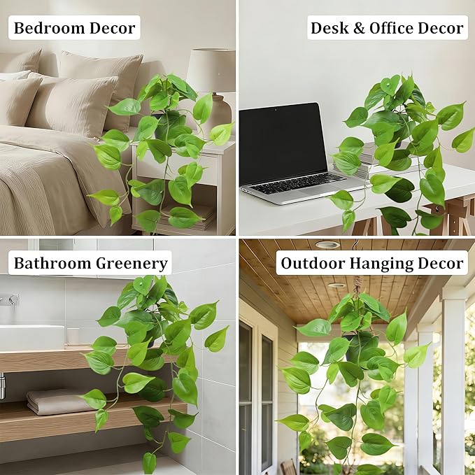 Artificial Pothos Hanging Plants 2 Pack with Pots, Realistic Fake Hanging Plants Indoor, Faux Greenery Vines for Shelf, Bathroom, Living Room, Office Decor