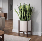 D'vine Dev Planter Pot with Stand - 16 Inch Plastic Cylinder Flower Pot with Wood Planter Holder for Indoor, Oatmeal Pot + Walnut Color Stand, 55-C-X-4