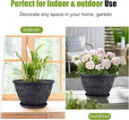 4 Pack 10 Inch Plant Pot for Outdoor Indoor, Plastic Flower Pots with Drainage Hole & Saucer, Lightweight Small Resin Flower Pot, Imitation Magnolia Planter Pots for Garden House（Gray）