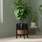 D'vine Dev Ceramic Planter with Ebony Stand - 12 Inch Modern Round Flower Pot with Wood Planter Holder, Black/Speckled Tan, 55-B-H-7