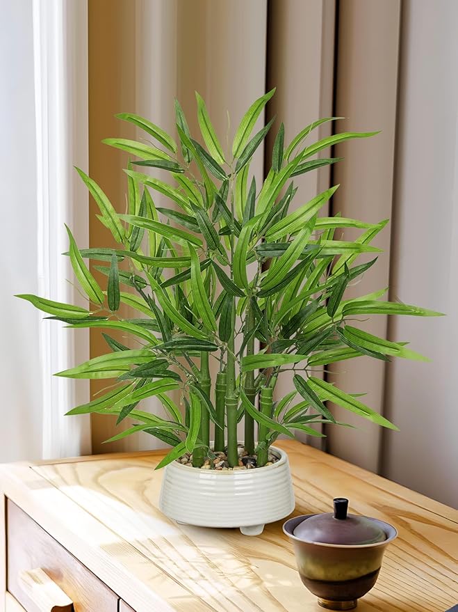 GnFlus Artificial Bamboo in White Ceramic Potted Fake Bamboo Plant-Faux Tree in Pot for Farmhouse Home Living Room Desk Indoor Outdoor Decor
