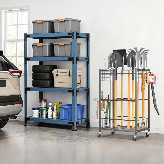 Ultrawall Garden Tool Organizer with Wheels, Yard Tool Storage Stand for Garage, Shed Tool Storage for Rake, Brooms, Tools Rolling Cart Indoor & Outdoor Use