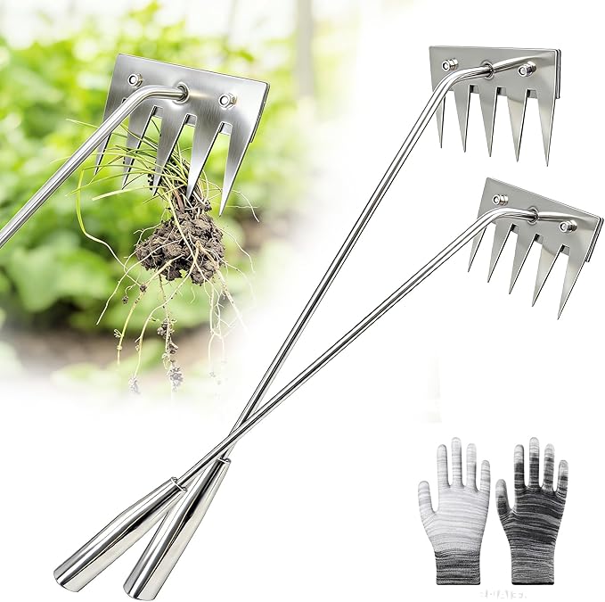 2Pcs Weed Puller Tool - 2026 Portable Manual Weeding Tools Gardening, 5 Teeth Head Stainless Steel Hand Garden Weeding Rake, Weed Remover Tool for Gardening Backyard Yard Farm Planting
