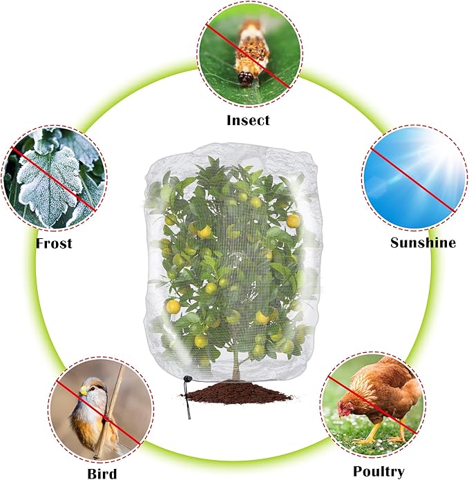 6 Pcs Insect Bird Barrier Tree Net with Drawstring, 3.9 x 3.2 Ft Garden Bird Netting Plant Cover, Fruit Tree Netting for Protect Plants Fruits Flowers from Insect Bird Eating