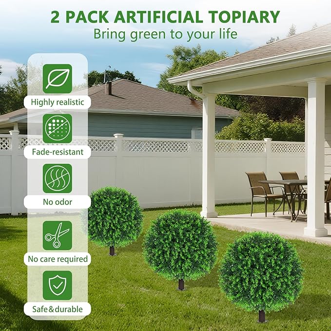 Yangrass Artificial Eucalyptus Topiary Ball Trees with Ground Spike, Set of 2 UV Resistant Artificial Shrubs, Fake Evergreen Artificial Plant Bushes for Indoor Outdoor Front Porch Garden