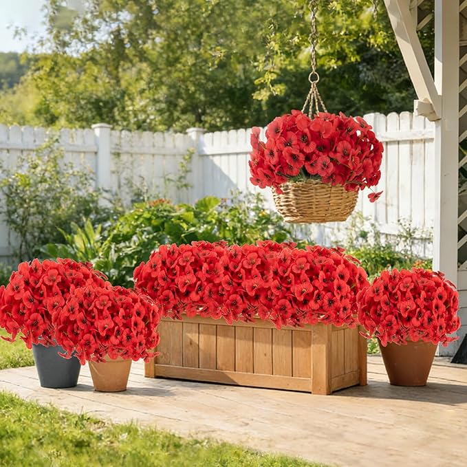 ZAIYW 18 Bundles Artificial Flowers Outdoor Fake Flowers Pansies Faux Artificial Plants for Planter Porch Yard Home Decor (Red)