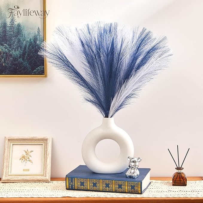 50PCS Pampas Grass Decor, 17" Pampas Grass, Fluffy Small Pampas Grass for Vase Filler Home Wedding Wall Table Party Decoration（Blue&White）
