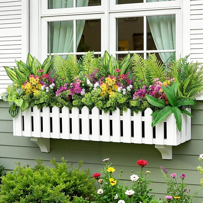 Alupssuc 48Pcs Artificial Flowers and Plants,UV Resistant & No Fade Fake Plastic Greenery Shrubs for Home Garden, Pathway, Front Porch-Spring Summer Decor, Indoor/Outdoor Use,Rosy Purple Yellow Pink