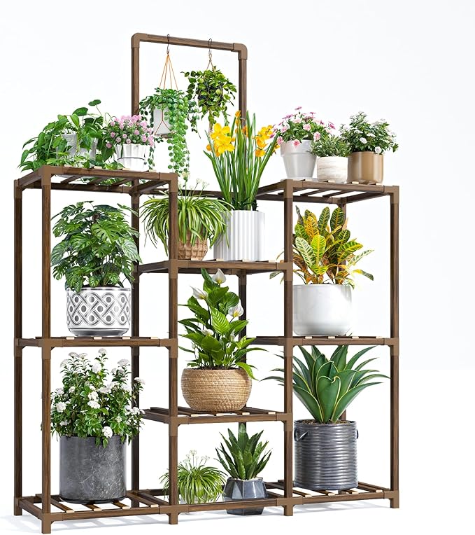 EnHomee Plant Stand Indoor Tall Plant Stand Outdoor Large Wood Plants Shelf with 10-12 Pots for Patio, Living Room, Garden, Balcony, 34.5" Wx47.3 Hx11.78 D