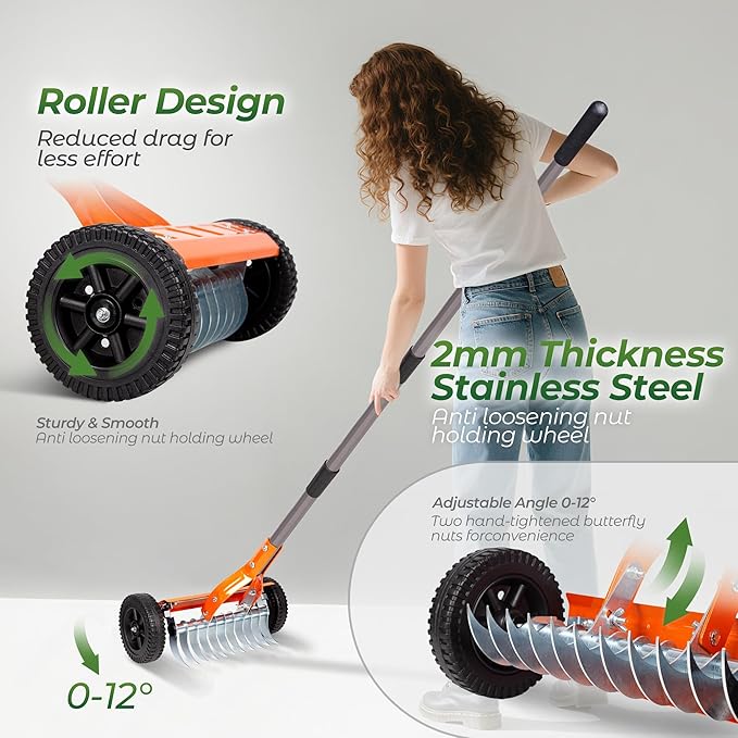 Walensee Dethatching Roller Rake with 76.8'' Adjustable Handle, Lawn Dethatcher Rake with 2mm Stainless Steel Blades,Thatch Remover, Soil Aerator & Loosening Tool for Moss, Leaves, Yard Lawn Care