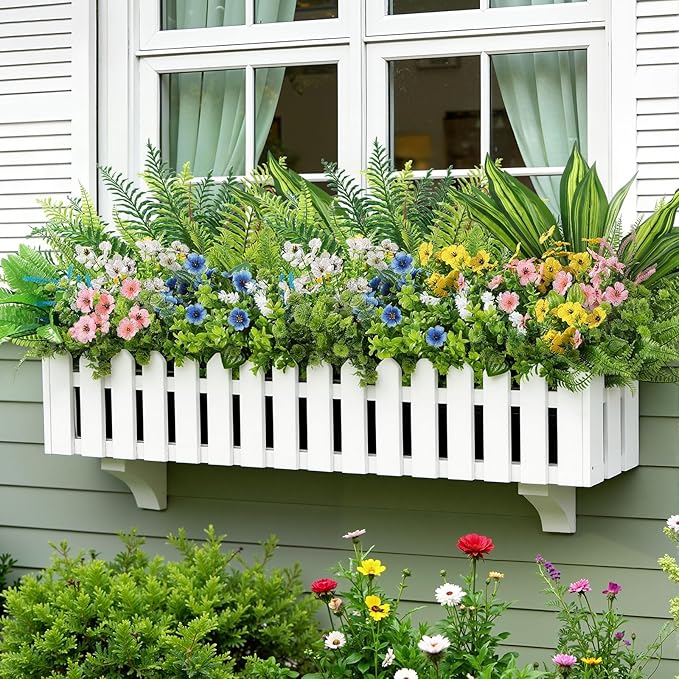 Alupssuc 48Pcs Artificial Flowers and Plants,UV Resistant & No Fade Fake Plastic Greenery Shrubs for Home Garden, Pathway, Front Porch-Spring Summer Decor, Indoor/Outdoor Use,Pink Blue Yellow White